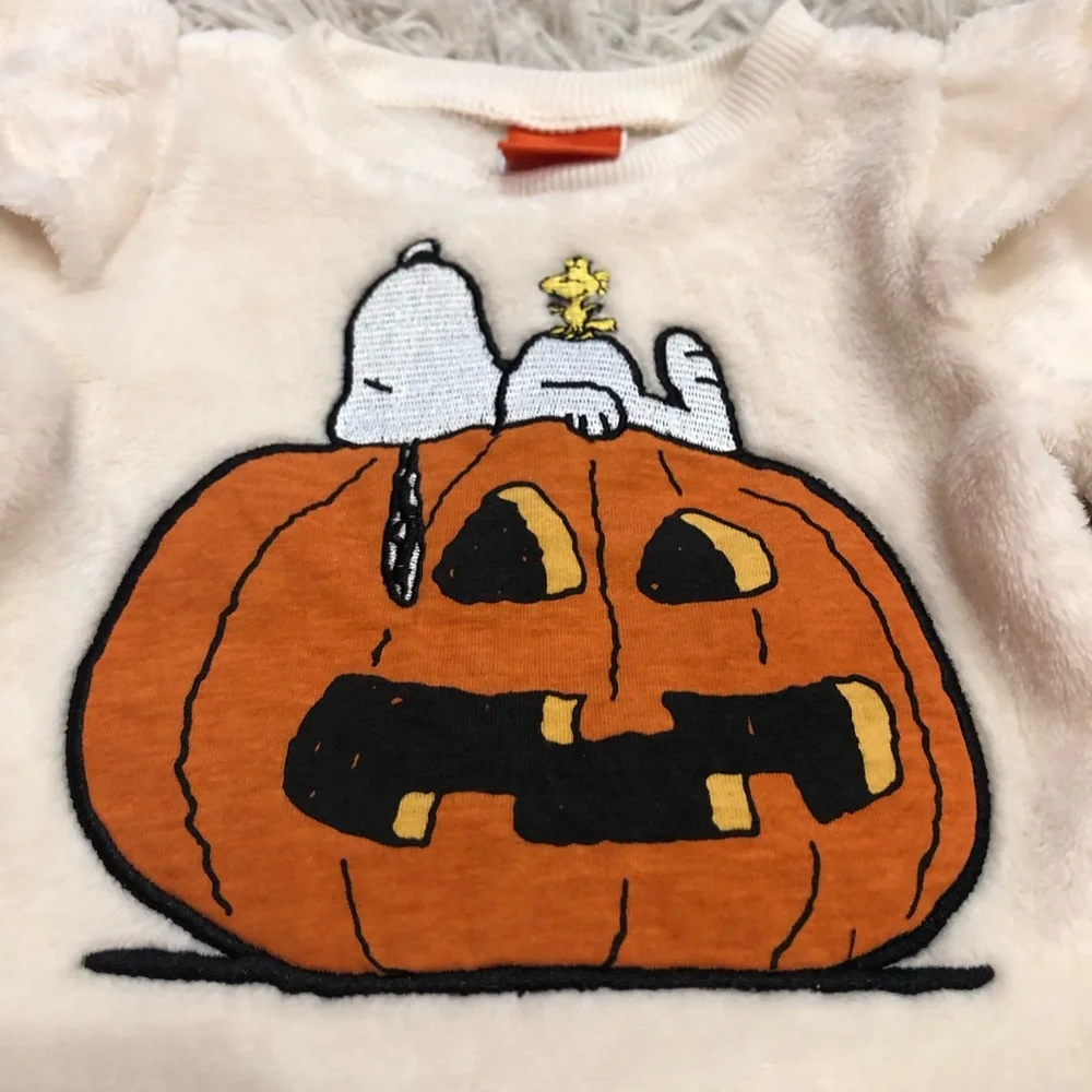 Peanuts Snoopy Halloween Pumpkin Jack O Lantern Long Sleeve Ruffle Top 18M - Picture 2 of 7